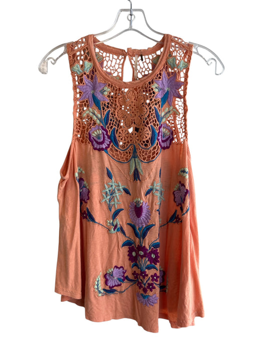 Free People Size M Orange & Multi Lyocell blend Lace Detail Button Back Top Orange & Multi / M