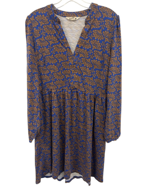 Boden Size 10 Navy & Brown Cotton & Tencel Long Sleeve Split Neck Dress Navy & Brown / 10