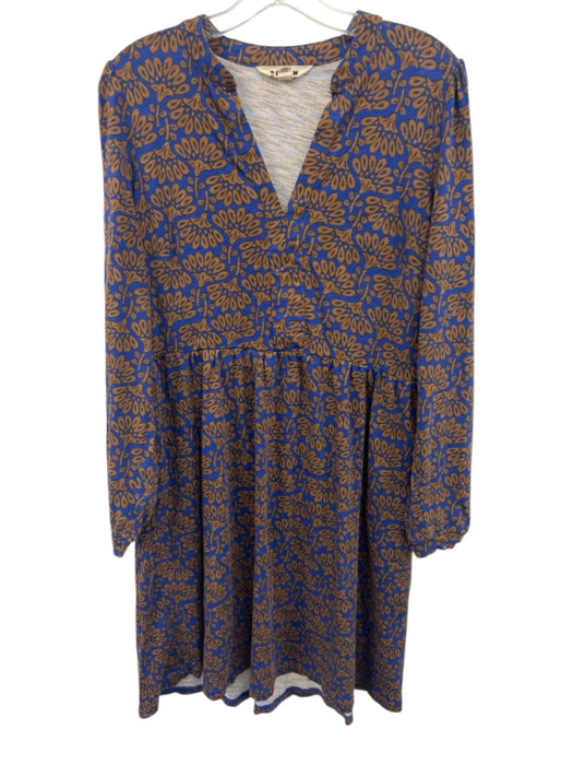 Boden Size 10 Navy & Brown Cotton & Tencel Long Sleeve Split Neck Dress Navy & Brown / 10