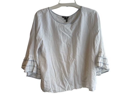 Nic + Zoe Size L White Linen & Rayon Boat Neck 3/4 Bell Sleeve Stitch Detail Top White / L