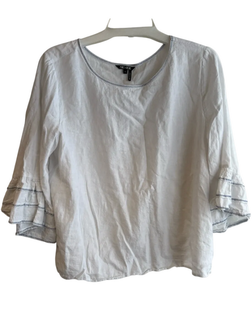 Nic + Zoe Size L White Linen & Rayon Boat Neck 3/4 Bell Sleeve Stitch Detail Top White / L