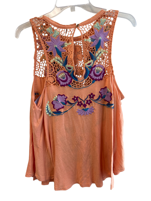 Free People Size M Orange Lyocell & Linen Round Neck Sleeveless Lace Detail Top Orange / M
