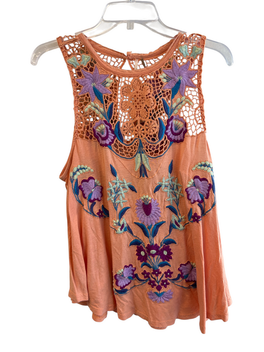 Free People Size M Orange Lyocell & Linen Round Neck Sleeveless Lace Detail Top Orange / M