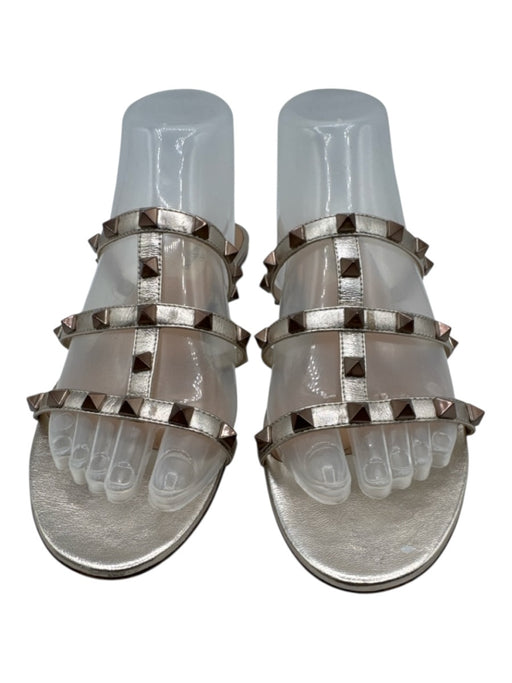 Valentino Shoe Size 36 Gold Leather 3 Strap Studded Round Toe Slide Sandals Gold / 36