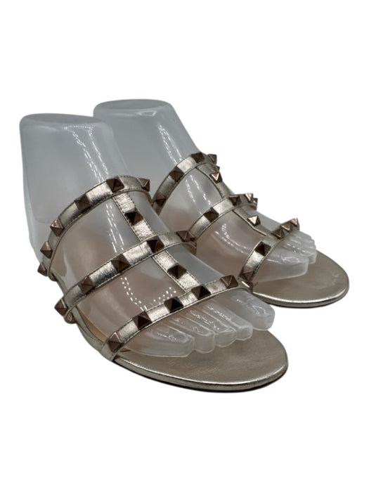 Valentino Shoe Size 36 Gold Leather 3 Strap Studded Round Toe Slide Sandals Gold / 36