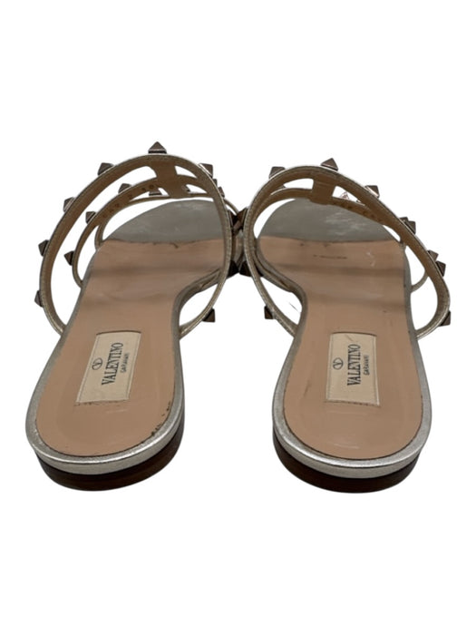Valentino Shoe Size 36 Gold Leather 3 Strap Studded Round Toe Slide Sandals Gold / 36