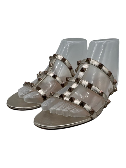 Valentino Shoe Size 36 Gold Leather 3 Strap Studded Round Toe Slide Sandals Gold / 36