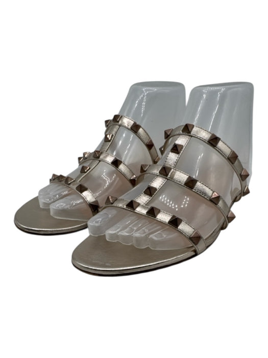 Valentino Shoe Size 36 Gold Leather 3 Strap Studded Round Toe Slide Sandals Gold / 36
