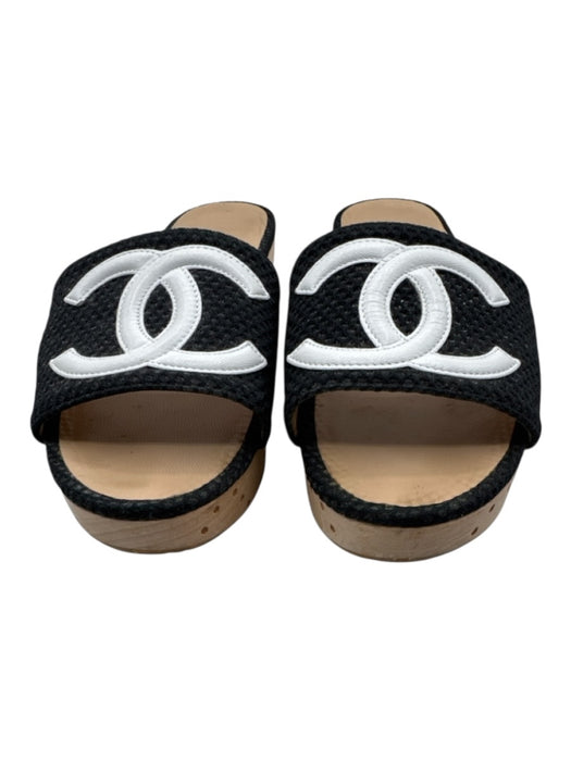 Chanel Shoe Size 38.5 Black, White & Tan Canvas & Leather Wood Base Slide Clogs Black, White & Tan / 38.5