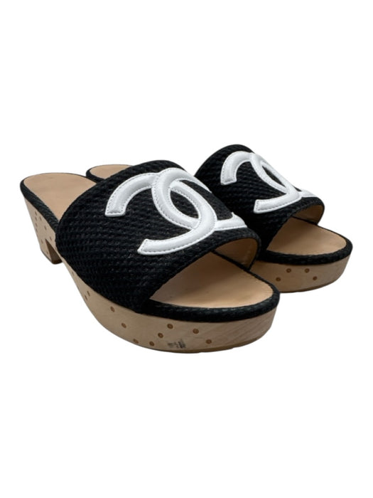 Chanel Shoe Size 38.5 Black, White & Tan Canvas & Leather Wood Base Slide Clogs Black, White & Tan / 38.5