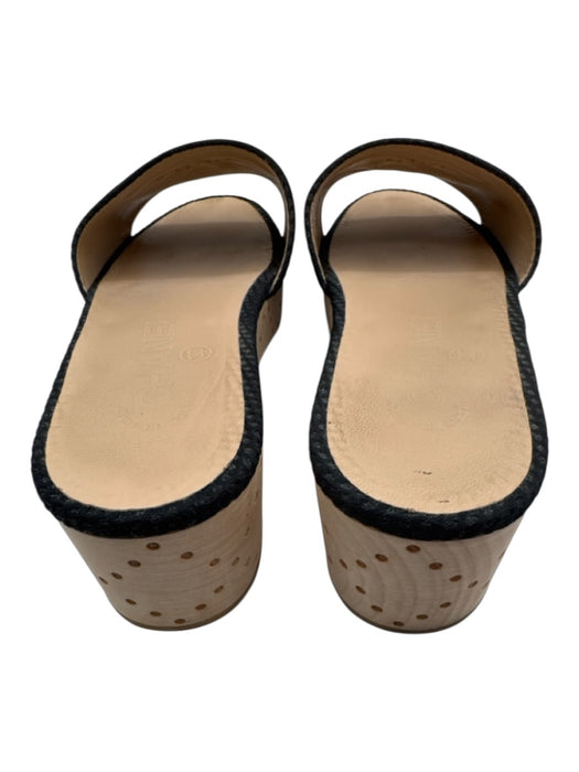 Chanel Shoe Size 38.5 Black, White & Tan Canvas & Leather Wood Base Slide Clogs Black, White & Tan / 38.5