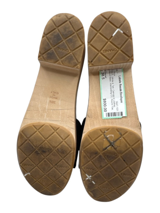 Chanel Shoe Size 38.5 Black, White & Tan Canvas & Leather Wood Base Slide Clogs Black, White & Tan / 38.5