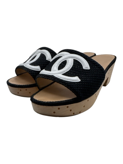 Chanel Shoe Size 38.5 Black, White & Tan Canvas & Leather Wood Base Slide Clogs Black, White & Tan / 38.5