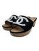 Chanel Shoe Size 38.5 Black, White & Tan Canvas & Leather Wood Base Slide Clogs Black, White & Tan / 38.5