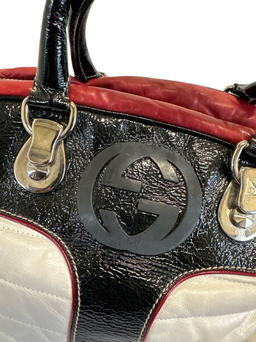 Gucci Red, Cream & Black Leather Patent Rolled Top Handles Bag Red, Cream & Black