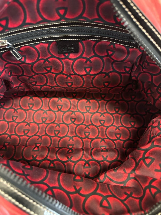 Gucci Red, Cream & Black Leather Patent Rolled Top Handles Bag Red, Cream & Black