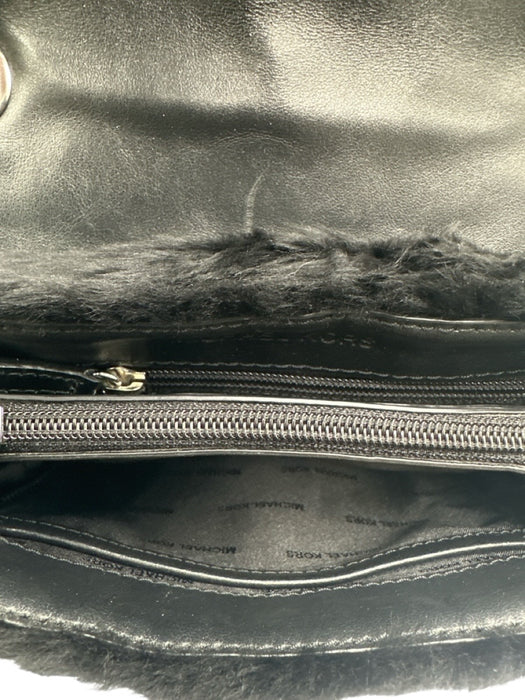 Michael Michael Kors Black Leather Shearling Silver Hardware Shoulder Bag Bag Black