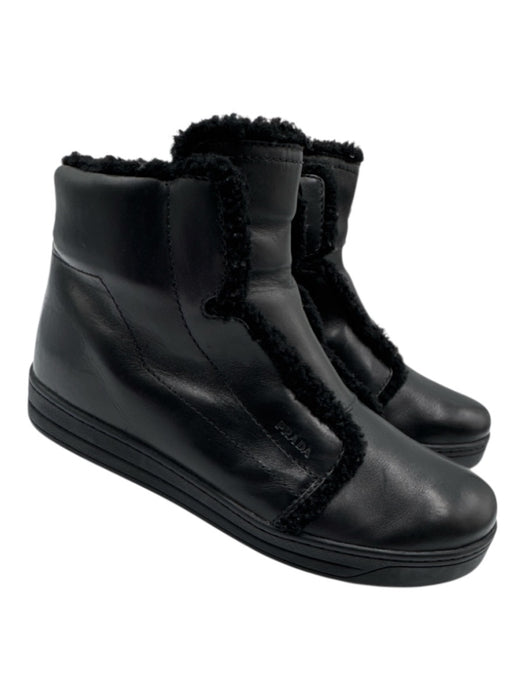 Prada Sport Shoe Size 36 Black Leather Fur lined Side Zip Sneakers Black / 36