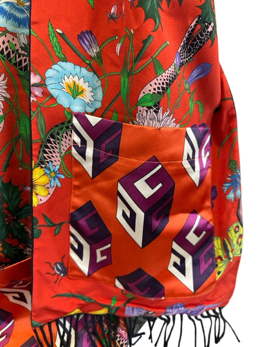 Gucci Red & Multi Silk & Cashmere Pockets Floral Fringe Rectangle scarf Red & Multi