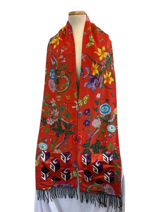 Gucci Red & Multi Silk & Cashmere Pockets Floral Fringe Rectangle scarf Red & Multi