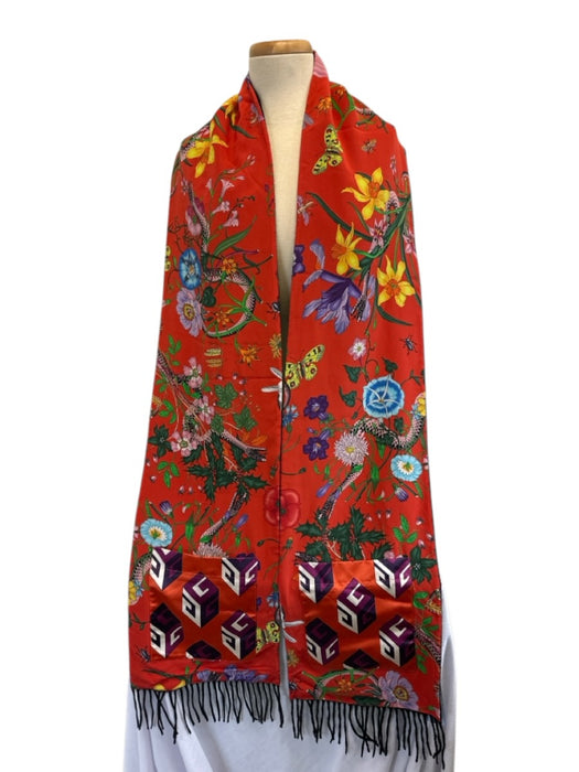 Gucci Red & Multi Silk & Cashmere Pockets Floral Fringe Rectangle scarf Red & Multi