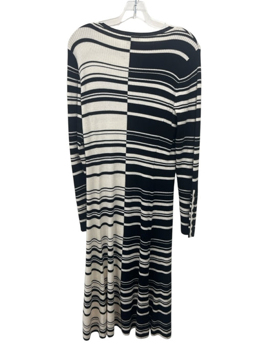 St John Size L Black & Cream Wool Ribbed Knit Mixed Stripes Long Sleeve Dress Black & Cream / L