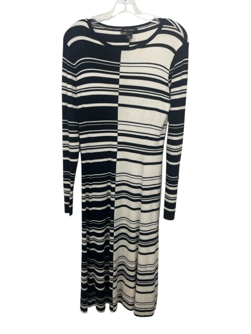 St John Size L Black & Cream Wool Ribbed Knit Mixed Stripes Long Sleeve Dress Black & Cream / L