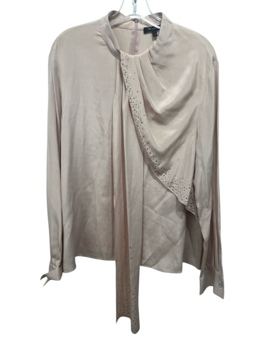 St John Size 14 Khaki Beige Silk Blend Rhinestone Drape Front Button Cuff Top Khaki Beige / 14