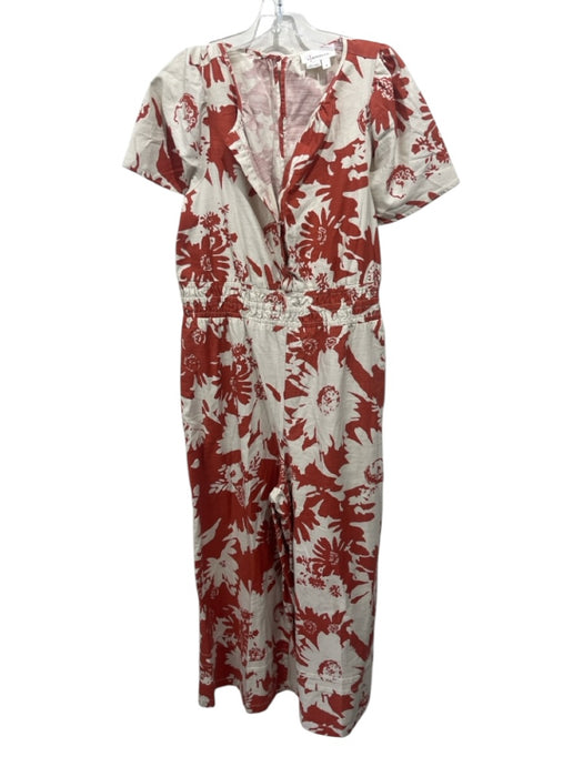 Anthropologie Size M Orange & cream Cotton Blend V Neck Short Sleeve Jumpsuit Orange & cream / M