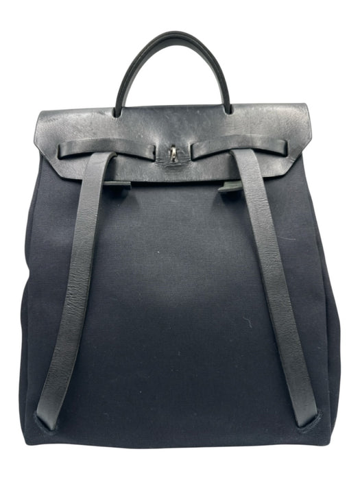 Hermes Black Canvas & Leather Silver Hardware Backpack Top Handle Bag Black / Medium