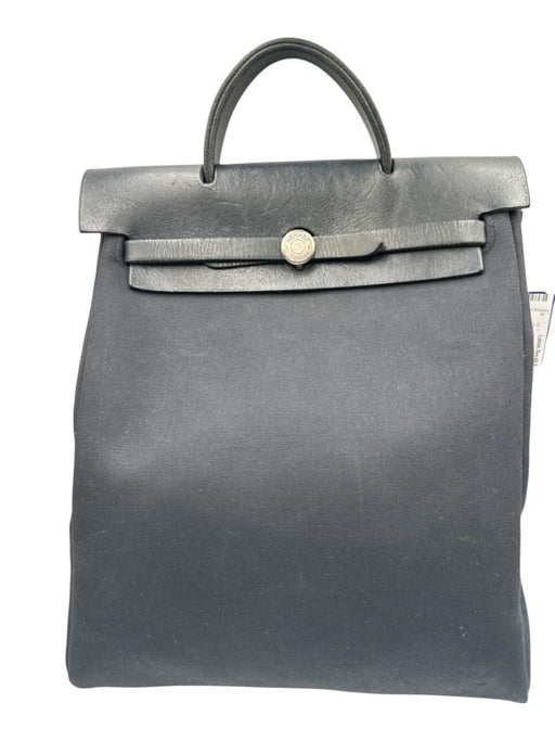 Hermes Black Canvas & Leather Silver Hardware Backpack Top Handle Bag Black / Medium