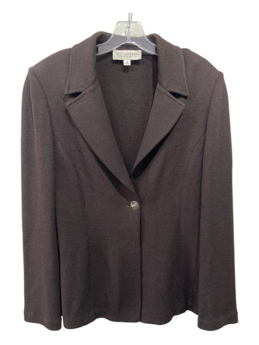 St John Collection Size 10 Dark Brown Wool Blend Long Sleeve Collar Knit Jacket Dark Brown / 10