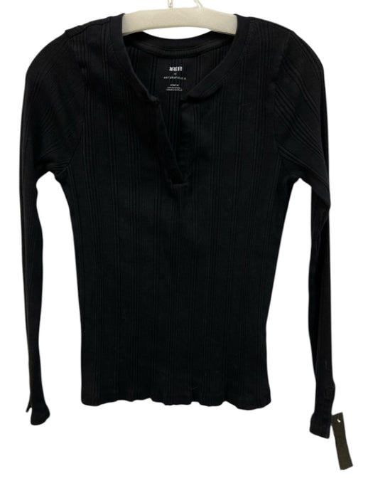 Maeve Size M Black Cotton & Elastane Long Sleeve Rib Knit Split V neck Top Black / M