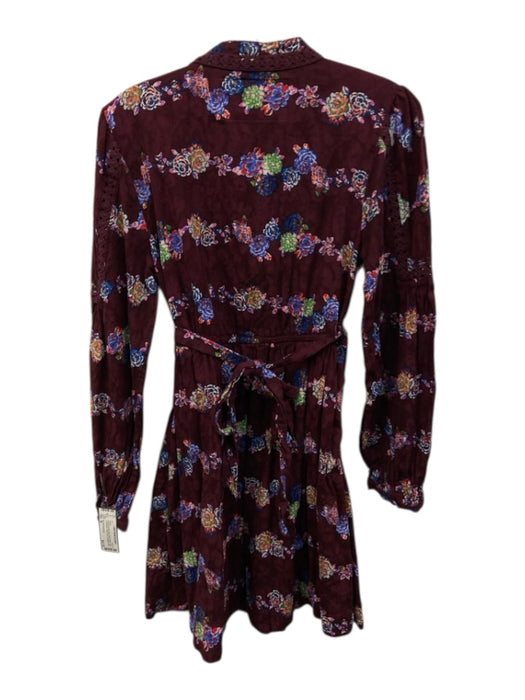 By Anthropologie Size M Burgundy Red, Blue, Multi Cotton Long puff sleeve Dress Burgundy Red, Blue, Multi / M