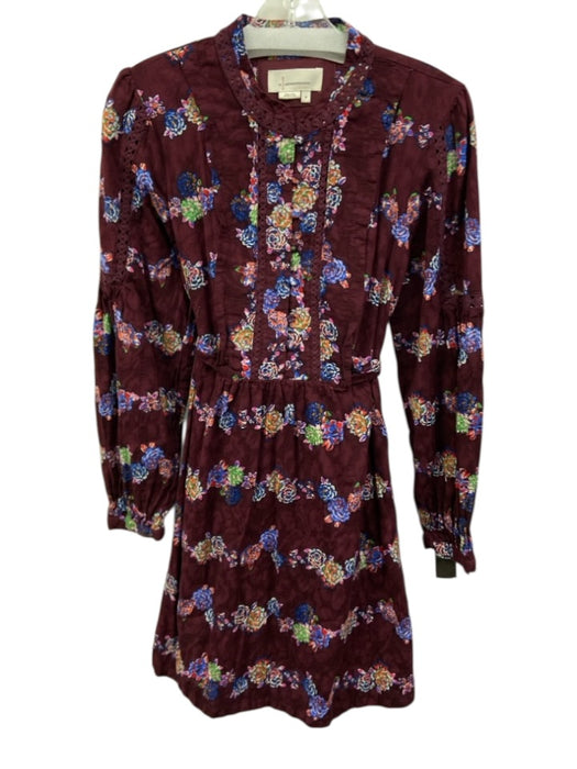 By Anthropologie Size M Burgundy Red, Blue, Multi Cotton Long puff sleeve Dress Burgundy Red, Blue, Multi / M