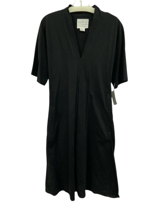 Velvet Size M Black Cotton Short Sleeve V Neck Flare Heel Midi Dress Black / M