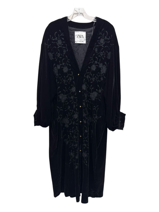 Zara Size XS Black Polyester Velvet Button Front Puff Sleeves Dress Black / XS