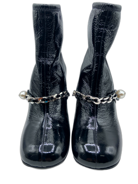 Miu Miu Shoe Size 37.5 Black Leather Crinkle Chain Detail Block Heel Booties Black / 37.5