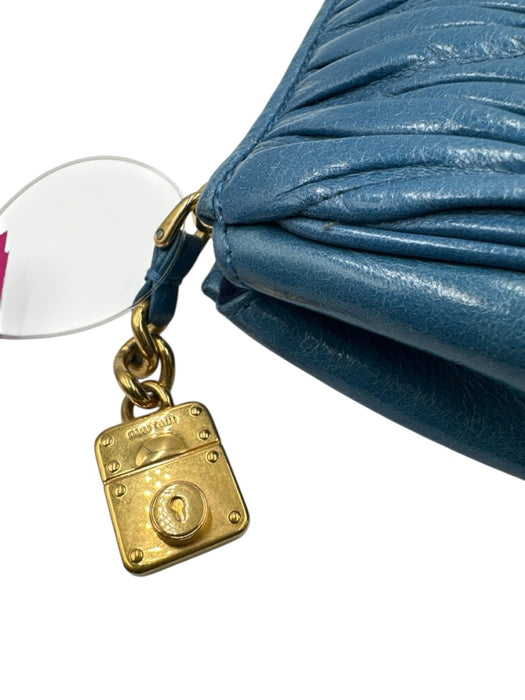 Miu Miu Blue Leather Pleated Gold Logo Zip Close Clutch Bag Blue / Small
