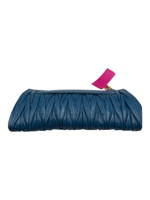 Miu Miu Blue Leather Pleated Gold Logo Zip Close Clutch Bag Blue / Small