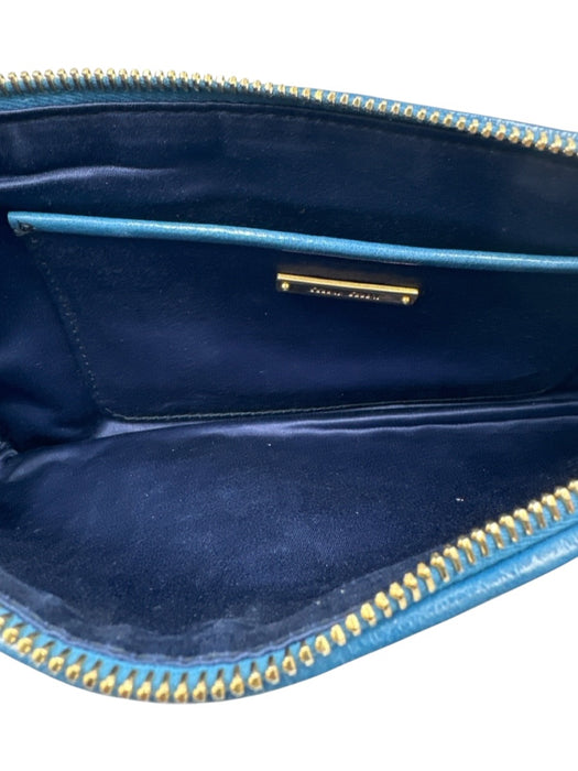 Miu Miu Blue Leather Pleated Gold Logo Zip Close Clutch Bag Blue / Small