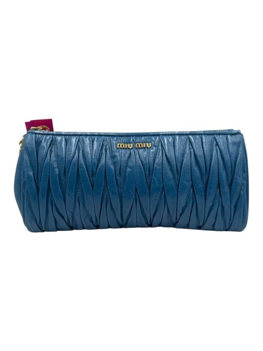 Miu Miu Blue Leather Pleated Gold Logo Zip Close Clutch Bag Blue / Small