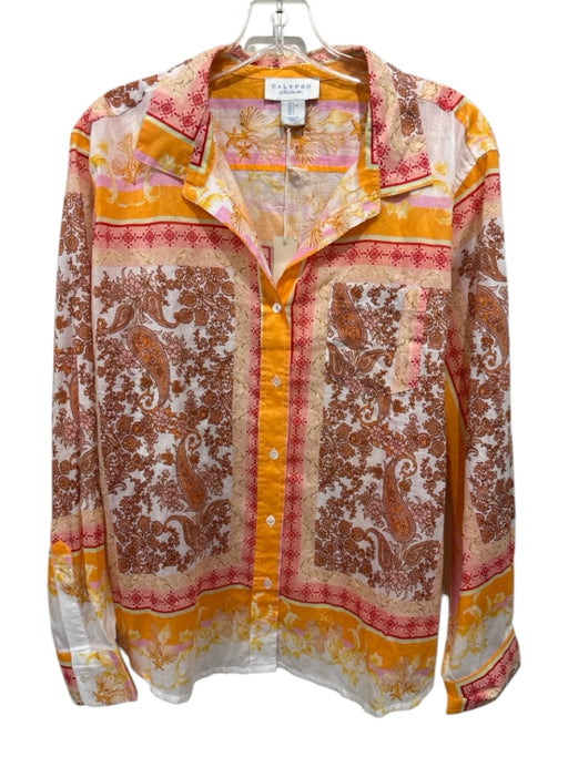 Calypso St. Barth Size L Orange, Pink & Multi Cotton Paisley Print Collar Top Orange, Pink & Multi / L