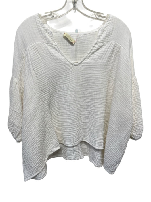 Stark X Size S White Cotton Crinkle Short Puff Sleeve V Neck Oversize Top White / S