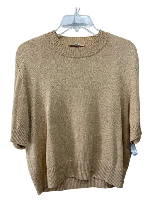 St John Basics Size M Gold Wool Blend Metallic Thread Scoop Neck Ribbed Trim Top Gold / M