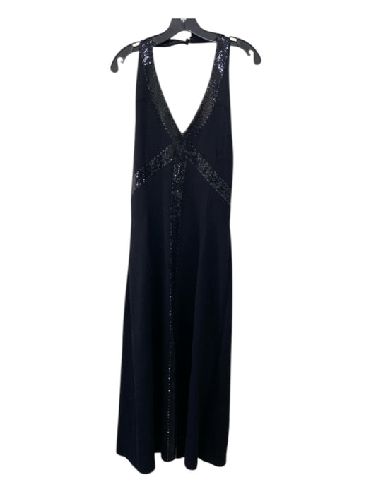 St John Caviar Size 10 Black Wool Blend Sequined Halter Back Zip Maxi Dress Black / 10