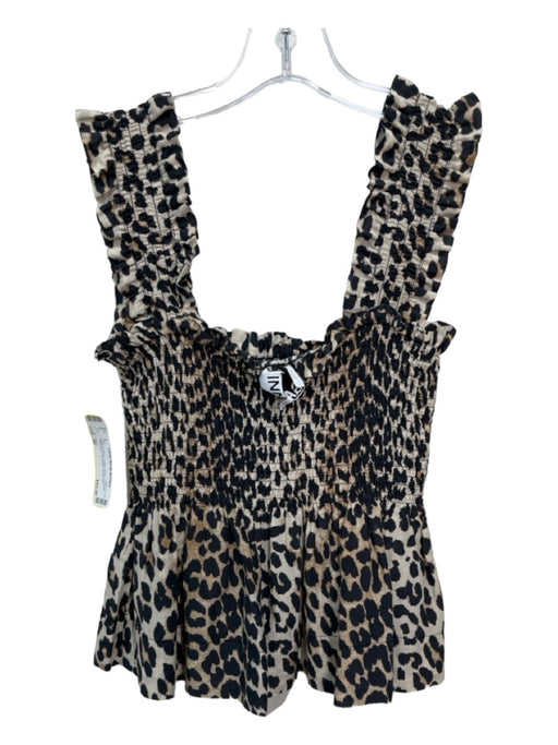Ganni Size 36 Beige & Black Cotton Blend Cheetah Sleeveless Smocked Top Beige & Black / 36