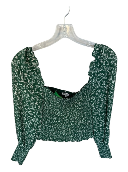 Reformation Size XS Green & White Viscose Long Sleeve Rouched Floral Cropped Top Green & White / XS