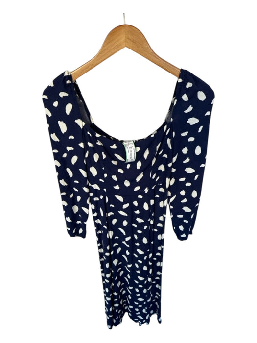 Reformation Size 2 Navy & white Viscose Blend Long Sleeve dots Slit Maxi Dress Navy & white / 2