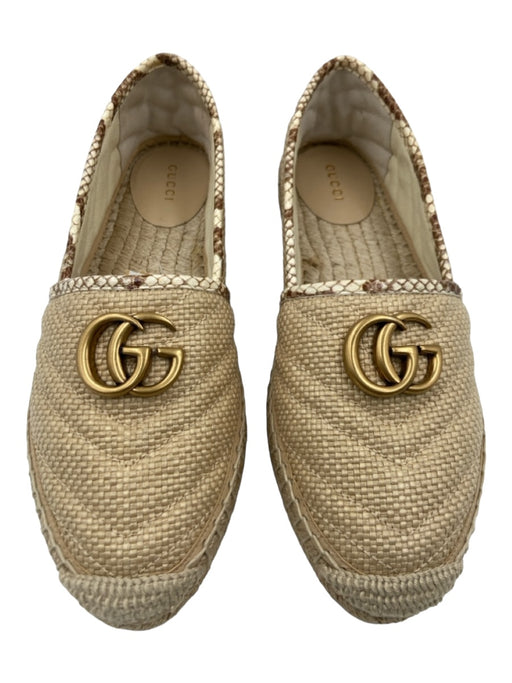 Gucci Shoe Size 38.5 Tan & brown Woven Straw Leather trim Gold Logo Espadrille Tan & brown / 38.5